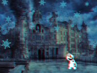 Snowman running from tornado with snowflakes falling and image glitching