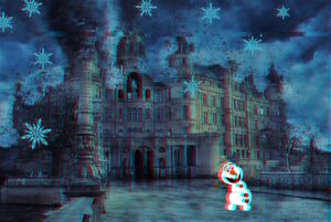 Snowman running from tornado with snowflakes falling and image glitching