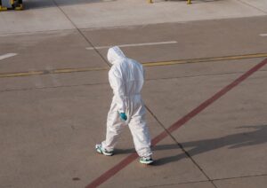 nurse in ppe walking away